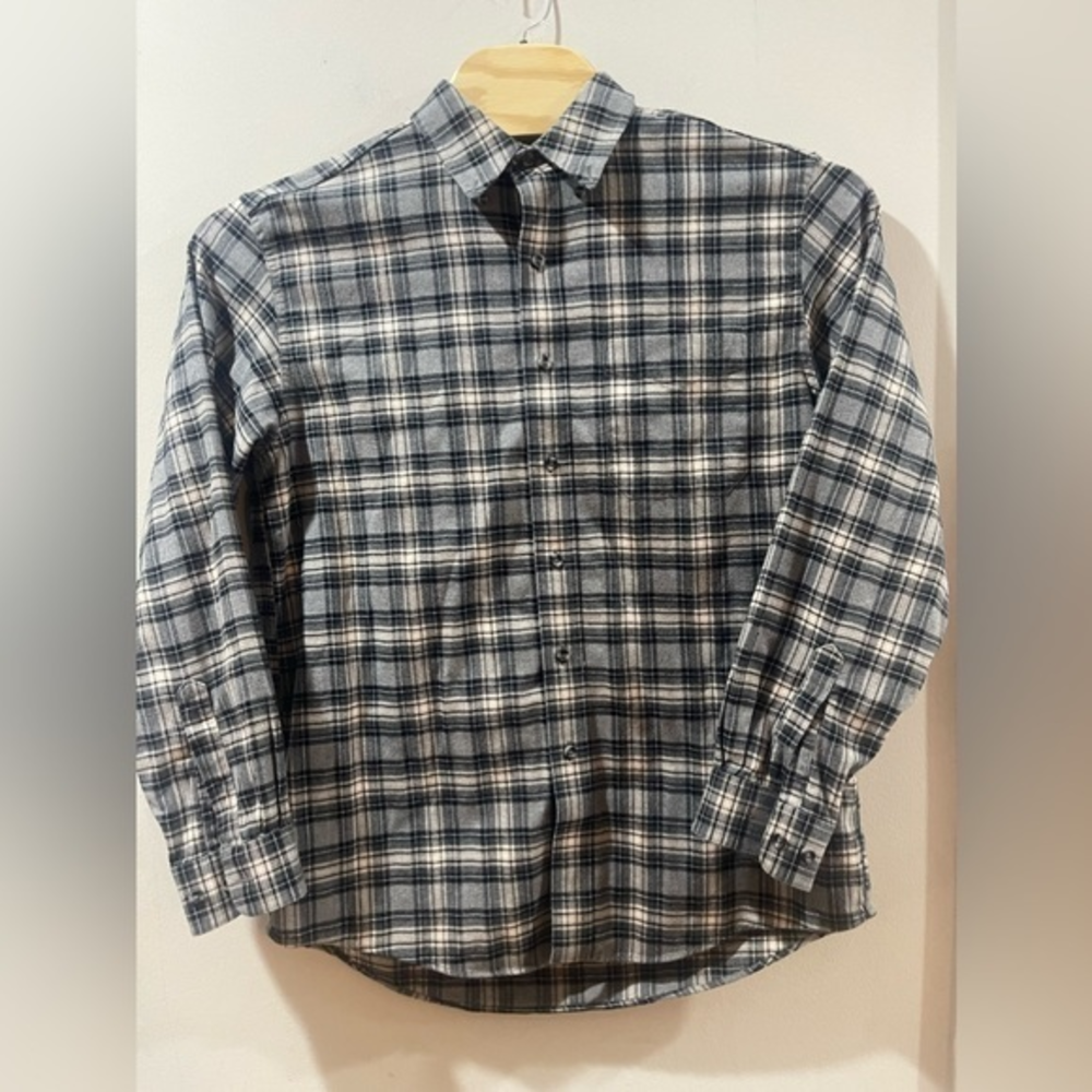 LL Bean‎ Button Down Shirt Mens Medium Grey Black Plaid Flannel Long Sleeve